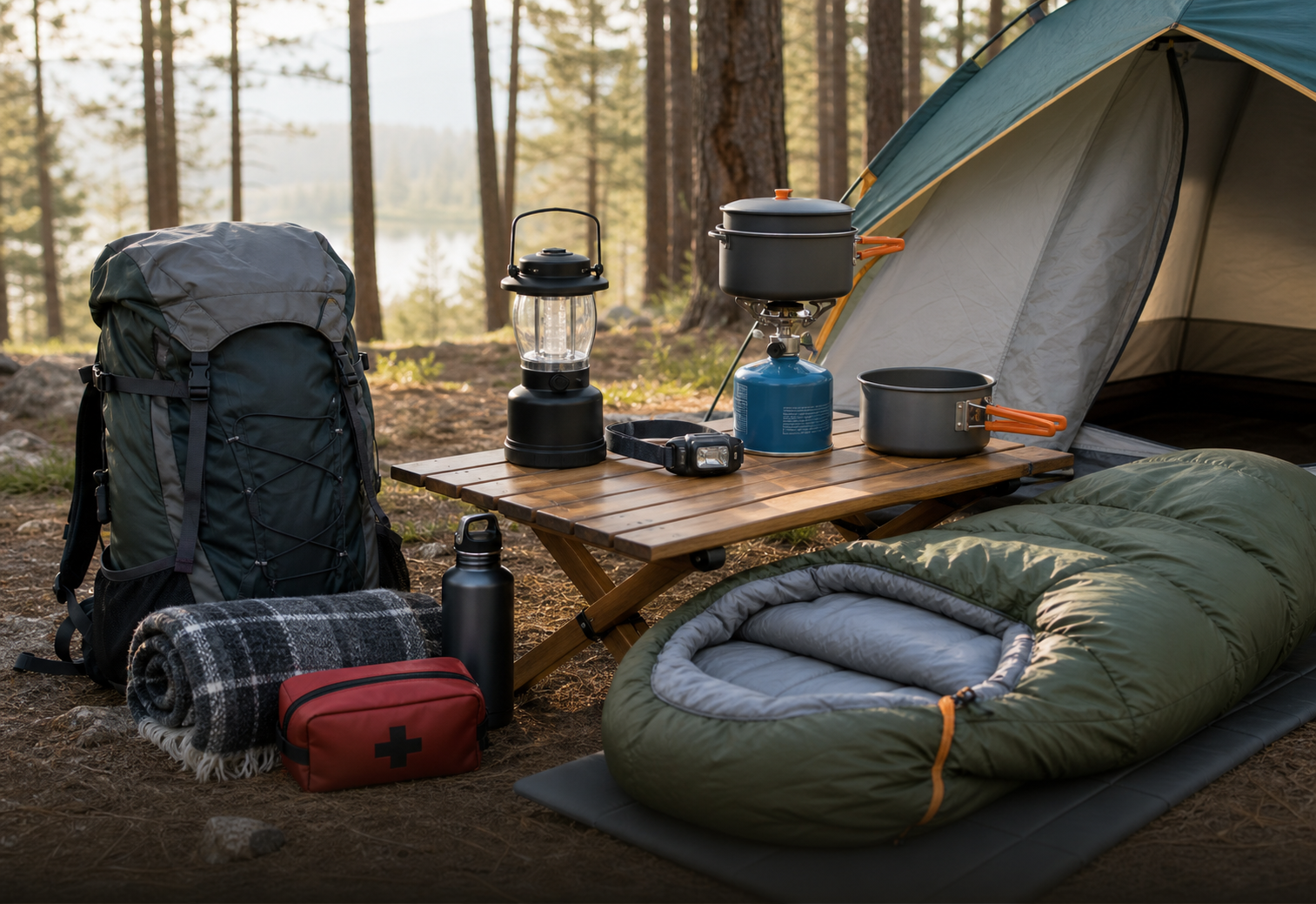 Camping gear laid out beside a tent
