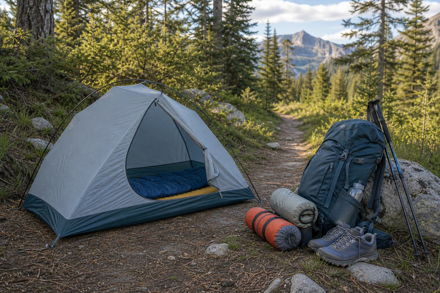 Small backpacking tent pitched on alpine rock at sunrise