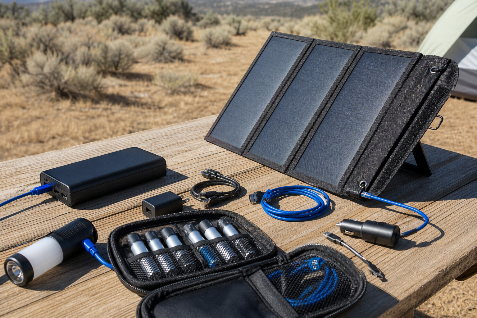 Camp charging kit with solar panel, power bank, cables, and spare batteries