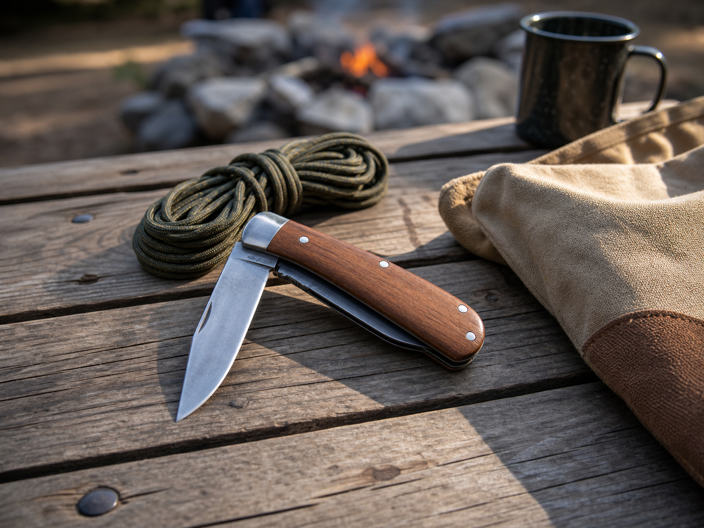 Wood-handled folding camp knife on a weathered campsite table with cord nearby