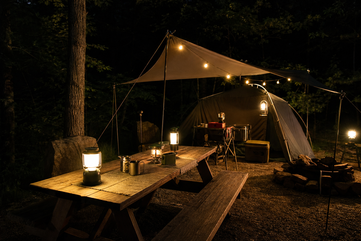 Warm lanterns and camp lights illuminating a tent and picnic table at night