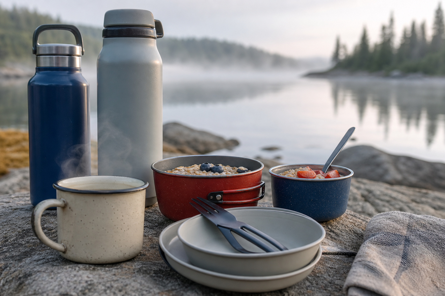 Camp mugs, bowls, utensils, and bottles arranged beside a misty lake