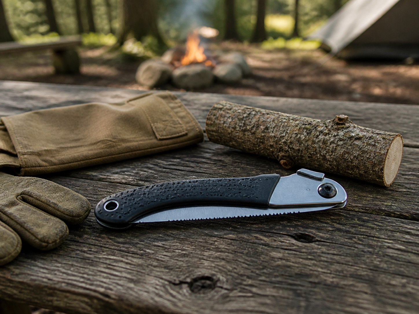 Closed folding camp saw on a weathered campsite table with gloves and a small log nearby