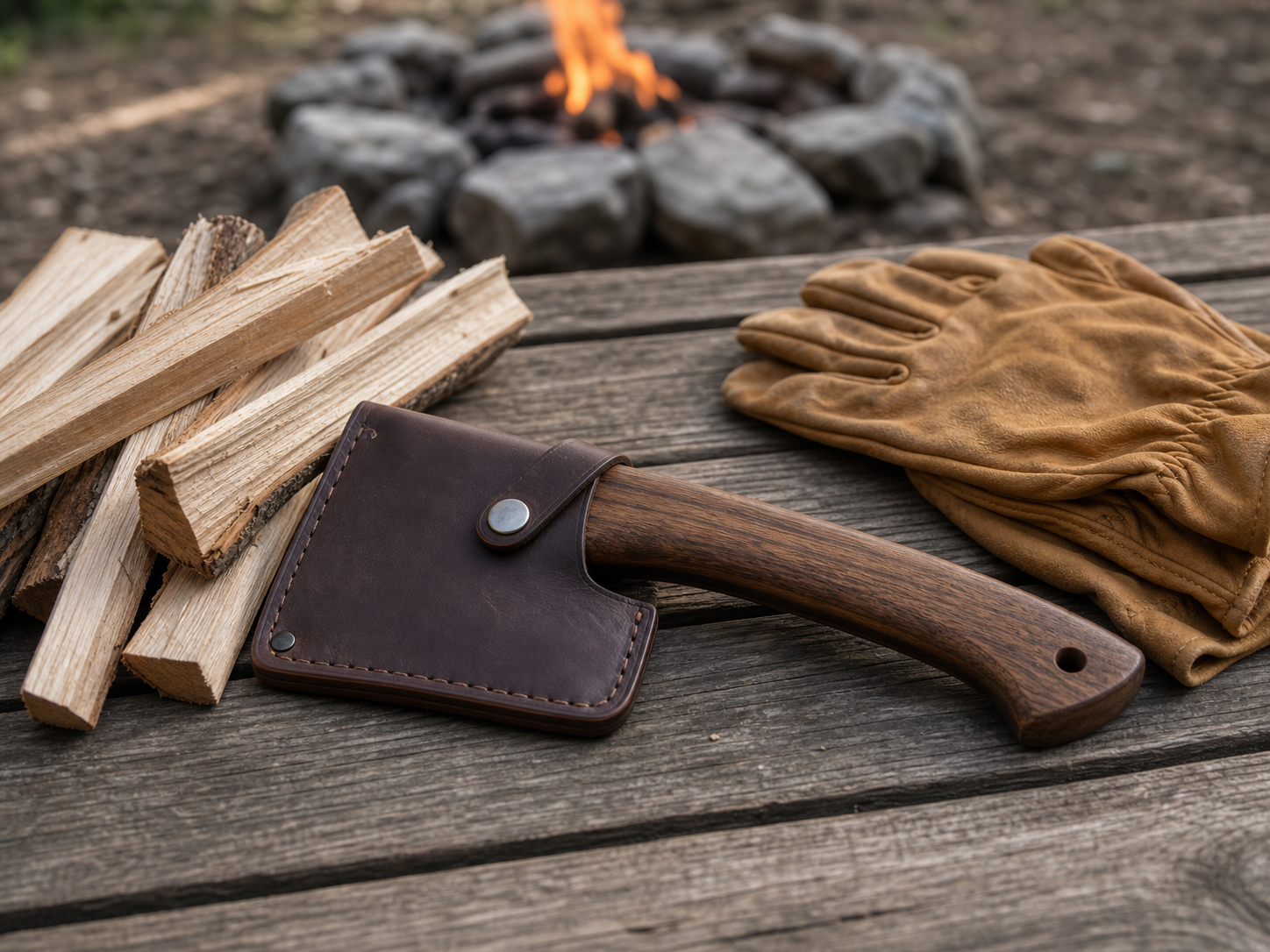 Sheathed camp hatchet on a weathered campsite table with split kindling and gloves nearby