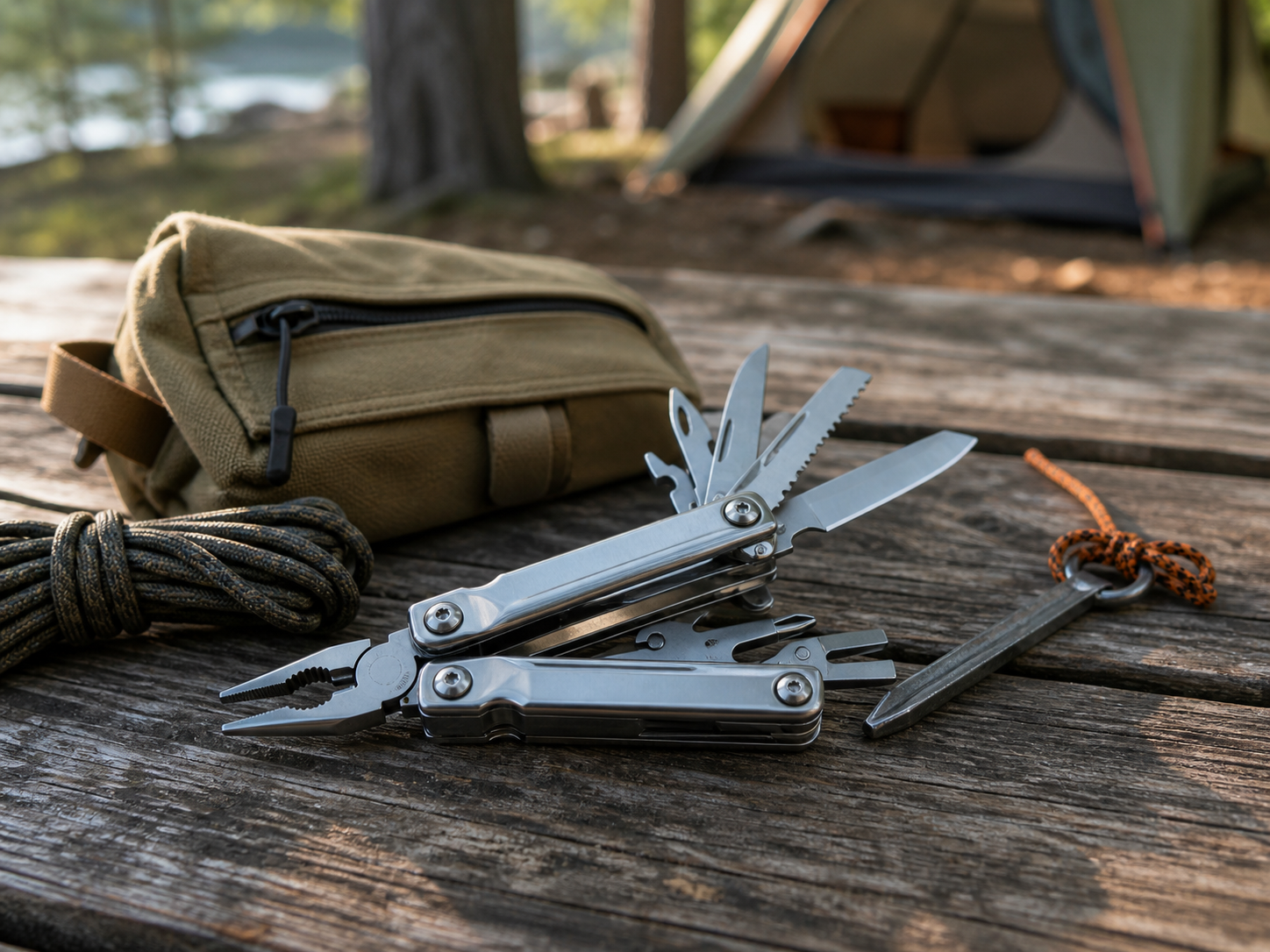 Open multitool on a weathered campsite table with cord and a small gear pouch nearby