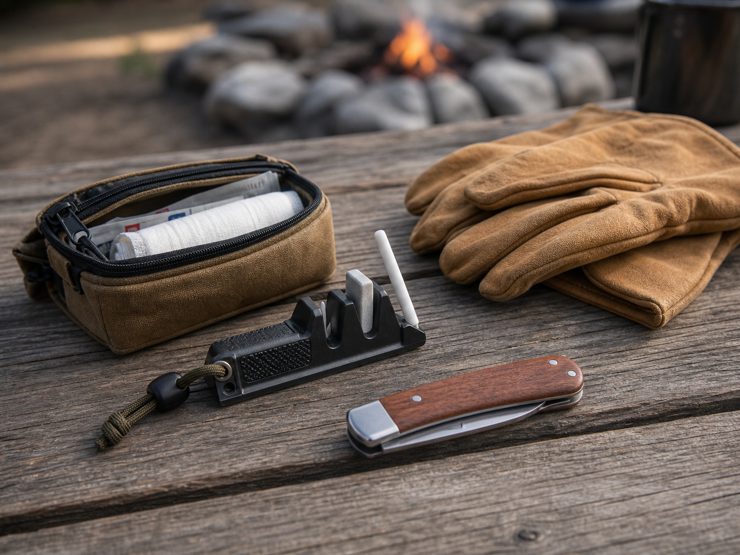Camp knife, sharpener, first aid pouch, and gloves arranged on a weathered campsite table