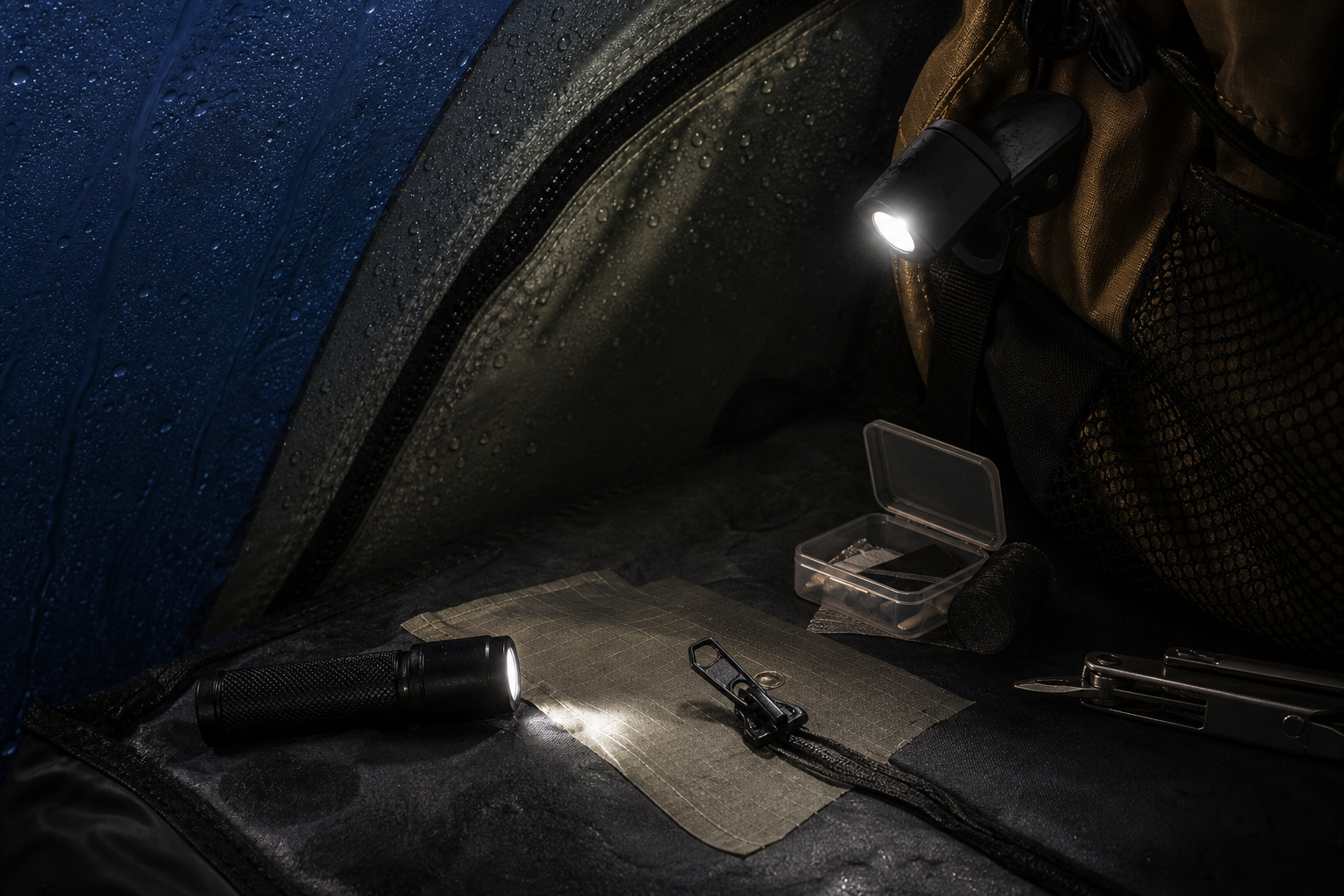 Small task light illuminating repair gear inside a rainy tent vestibule